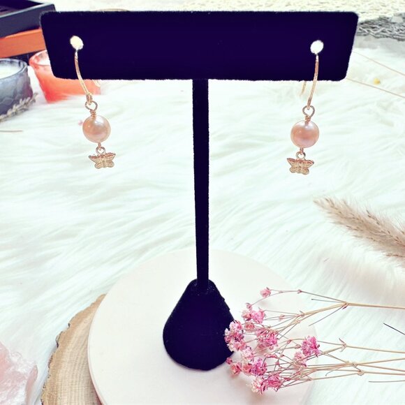 New Light Purple Freshwater Pearl Earrings with Butterfly Charm | Handmade in BC - Picture 2 of 8